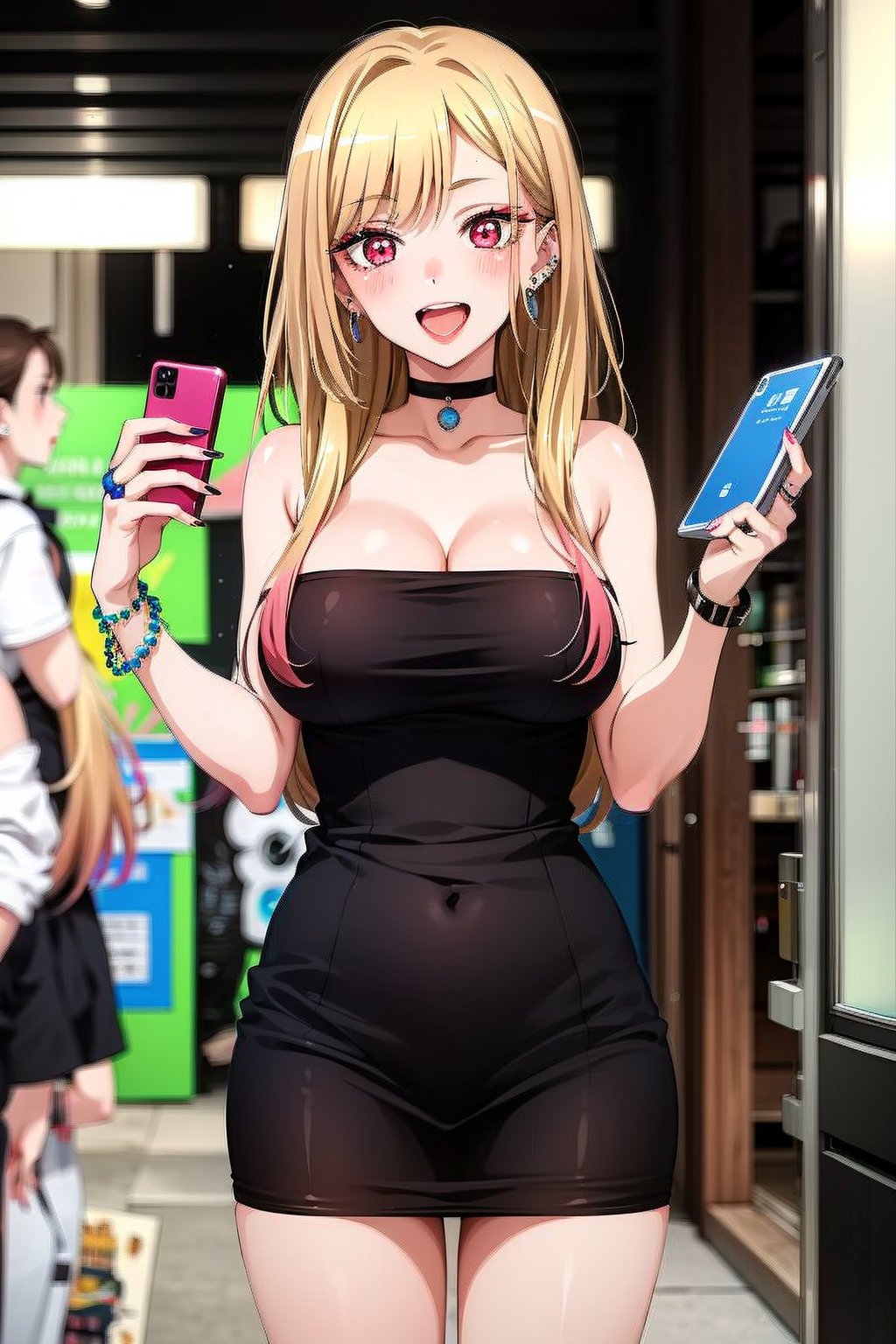  (anime coloring),(masterpiece),(best quality),(ultra-detailed),(best illustration),(best shadow),(absurdres),(detailed background), Marin Kitagawa, 1girl, kitagawa marin, jewelry, blonde hair, industrial piercing, fake nails, solo, phone, pink nails, long hair, barbell piercing, (tube top dress), earrings, black headwear, choker, hand on hip, piercing, open mouth, cellphone, black choker, breasts, smile, gyaru, ear piercing, bracelet, holding phone, ring, (club background), smartphone, looking at viewer, fingernails, gradient hair, bead bracelet,  collarbone, teeth, bangs, cowboy shot, nail polish, red eyes, cutoffs, standing,thighs, pink hair, frilled sleeves, eyelashes, blush, cleavage,big_breasts, upper teeth only, 