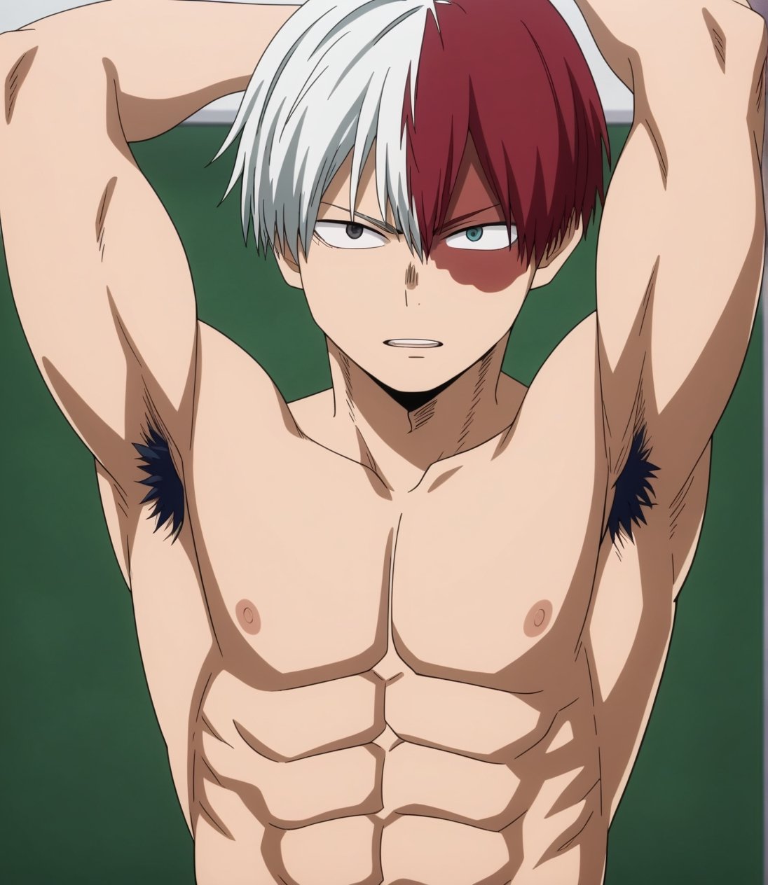 masterpiece, best quality, male focus, solo, showing_armpits, hairy_armpits, shouto_todoroki, pubic_hair, big_cock