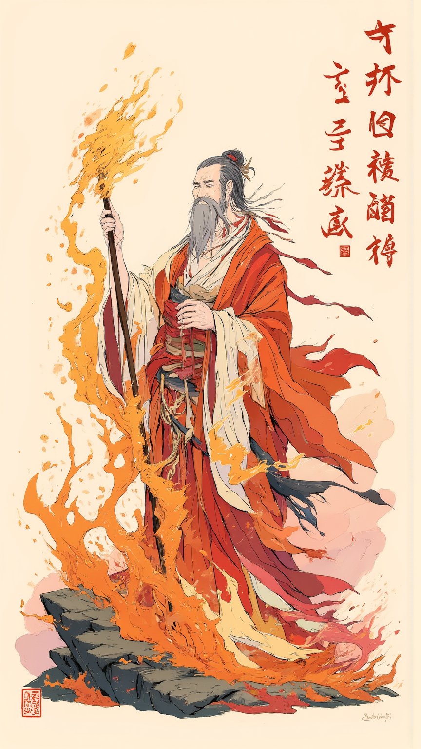 traditional chinese, watercolor painting, vector-based animation style that uses lots of gradients, old man, saint of fire, red, orange, yellow, white, chinese calligraphy, flat colors, fluxtration