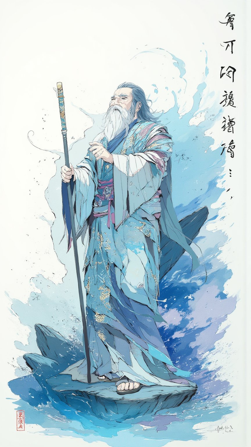 traditional chinese, watercolor painting, vector-based animation style that uses lots of gradients, old man, saint of water, blue, chinese calligraphy, flat colors, fluxtration