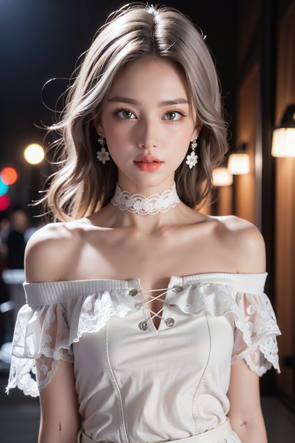 1 girl, medium close-up shot, rule of thirds, 17yo, cute girl, petite girl, big and round eyes, very slim figure, (long silver hair:1.3)

((white lace up short sleeve off-shoulder knit top with straps:1.3)), The knit is filled with tulle lace-up ribbons and delicate lace. Very thin leganicules, Earrings, Pink Lips, choker, Real, Sexy, detailed face, detailed Background, Depth of written boundary, whole body viewing angle, alone, night, Detailed eyes, Gradation, Perfect anatomical figure, girl with perfect body, Highly detailed skin, Detailed face, Beautiful eyes in every detail, Background Blur, lolita_dress, hanfu. Best quality, ultra high resolution, HDR, RAW, masterpiece, illustration, (photorealistic:1.4)