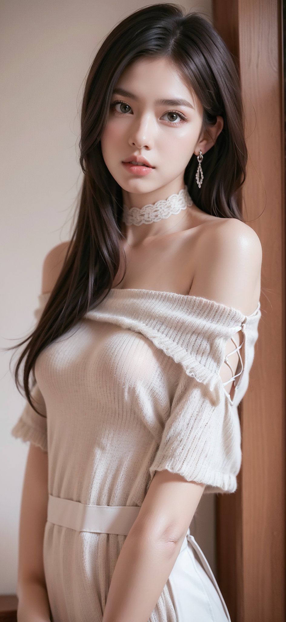 1 girl, medium close-up shot, rule of thirds, 17yo, cute girl, petite girl, big and round eyes, very slim figure, (long silver hair:1.3)

((white lace up short sleeve off-shoulder knit top with straps:1.3)), The knit is filled with tulle lace-up ribbons and delicate lace. Very thin leganicules, Earrings, Pink Lips, choker, Real, Sexy, detailed face, detailed Background, Depth of written boundary, whole body viewing angle, alone, night, Detailed eyes, Gradation, Perfect anatomical figure, girl with perfect body, Highly detailed skin, Detailed face, Beautiful eyes in every detail, Background Blur, lolita_dress, hanfu. Best quality, ultra high resolution, HDR, RAW, masterpiece, illustration, (photorealistic:1.4)