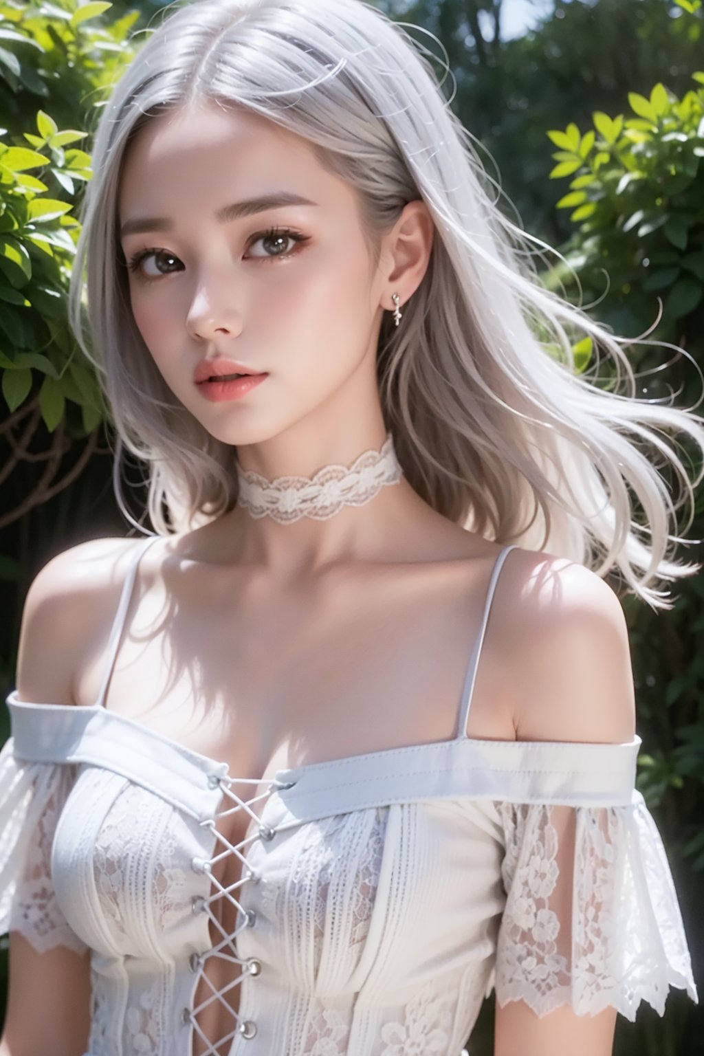 1 girl, medium close-up shot, rule of thirds, 17yo, cute girl, petite girl, big and round eyes, very slim figure, (long silver hair:1.3)

((white lace up short sleeve off-shoulder knit top with straps:1.3)), The knit is filled with tulle lace-up ribbons and delicate lace. Very thin leganicules, Earrings, Pink Lips, choker, Real, Sexy, detailed face, detailed Background, Depth of written boundary, whole body viewing angle, alone, night, Detailed eyes, Gradation, Perfect anatomical figure, girl with perfect body, Highly detailed skin, Detailed face, Beautiful eyes in every detail, Background Blur, lolita_dress, hanfu. Best quality, ultra high resolution, HDR, RAW, masterpiece, illustration, (photorealistic:1.4)