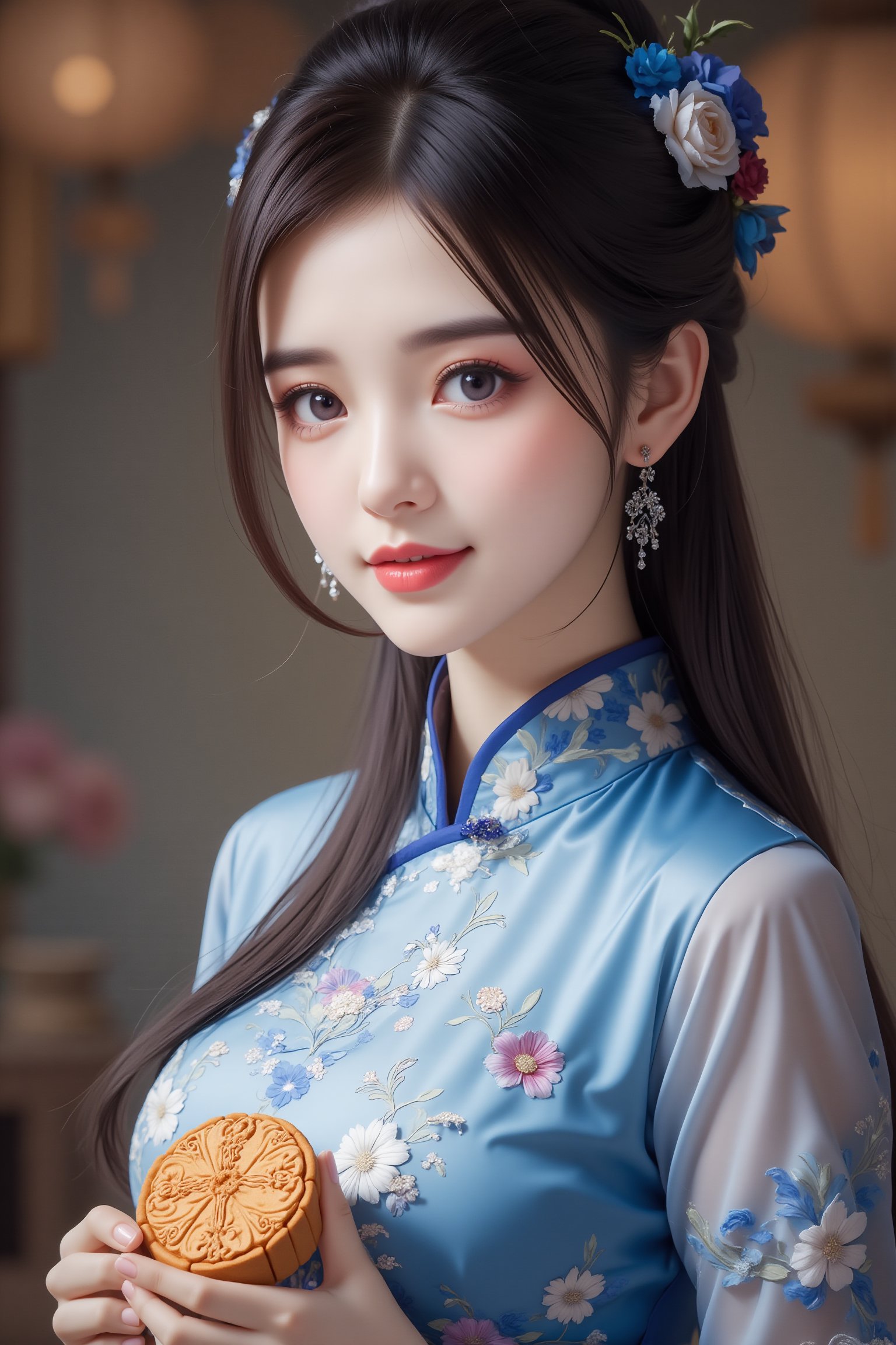 masterpiece,hanfu style,Portrait of a young woman (Chinese) with large,expressive eyes that convey a sense of longing and introspection. Her features are delicate,with soft,flowing hair cascading down her shoulders. She wears an elegant blue gown reminiscent of traditional Vietnamese áo dài,adorned with intricate embroidery and shimmering jewelry. She is holding a already bit moon cake and her face showing satisfactory smile. Rendered in DucHaiten's signature anime style,emphasizing vibrant colors,delicate linework,and ethereal beauty.,