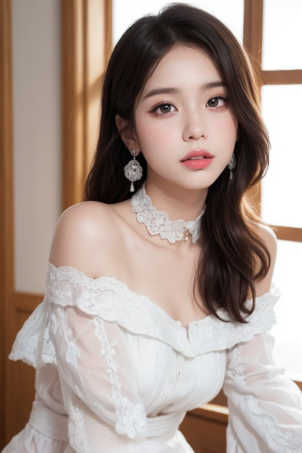 1 girl , JeeSoo, upper body, 17yo, cute girl, petite girl, big and round eyes, very slim figure, (long white hair:1.3)

((white lace up sleeve off-shoulder knit)), The knit is filled with tulle lace-up ribbons, delicate lace, and pearls. Very thin leganicules, Earrings, Pink Lips, choker, Real, Sexy, detailed face, detailed Background, Depth of written boundary, whole body viewing angle, alone, night, Detailed eyes, Gradation, Perfect anatomical figure, girl with perfect body, Highly detailed skin, Detailed face, Beautiful eyes in every detail, Background Blur, lolita_dress, hanfu. Best quality, ultra high resolution, HDR, RAW, masterpiece, illustration, (photorealistic:1.4)