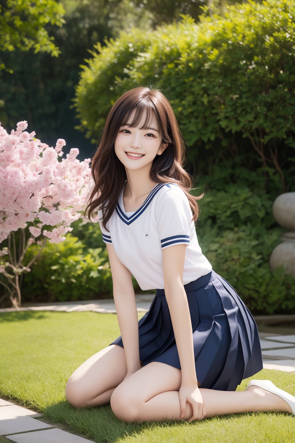 1cute girl, 20yo, small cute face, brown long wavy hair, bangs, her hair loosely waving in the wind, wearing a short sleeve sailor unit and navy pleated skirt, simple white background, simple white wall, chuckle smile, relaxed face expression, straddling on the grassland of a very beautiful Japanese garden, her upper body lean backward, sakuras blossoming all around the garden, realistic, photorealistic, ultra high res, ultra detailed, best quality, masterpiece , ((beautiful pubic hair:1.2)),flat_chest,((full_body)),((beautiful legs))