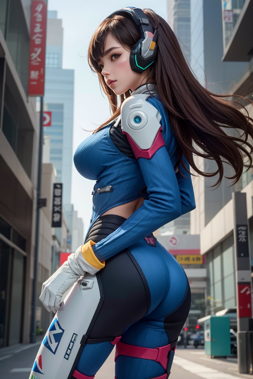 masterpiece, best quality, highres, aahana, long hair, brown hair, headphones, whisker markings, shoulder pads, huge breast, sensual body, slim waist, sensual legs, sensual ass, very torn blue bodysuit, ribbed bodysuit, animal print, clothes writing, long sleeves, white gloves, cowboy shot, front view, standing, cyberpunk city. headphone.