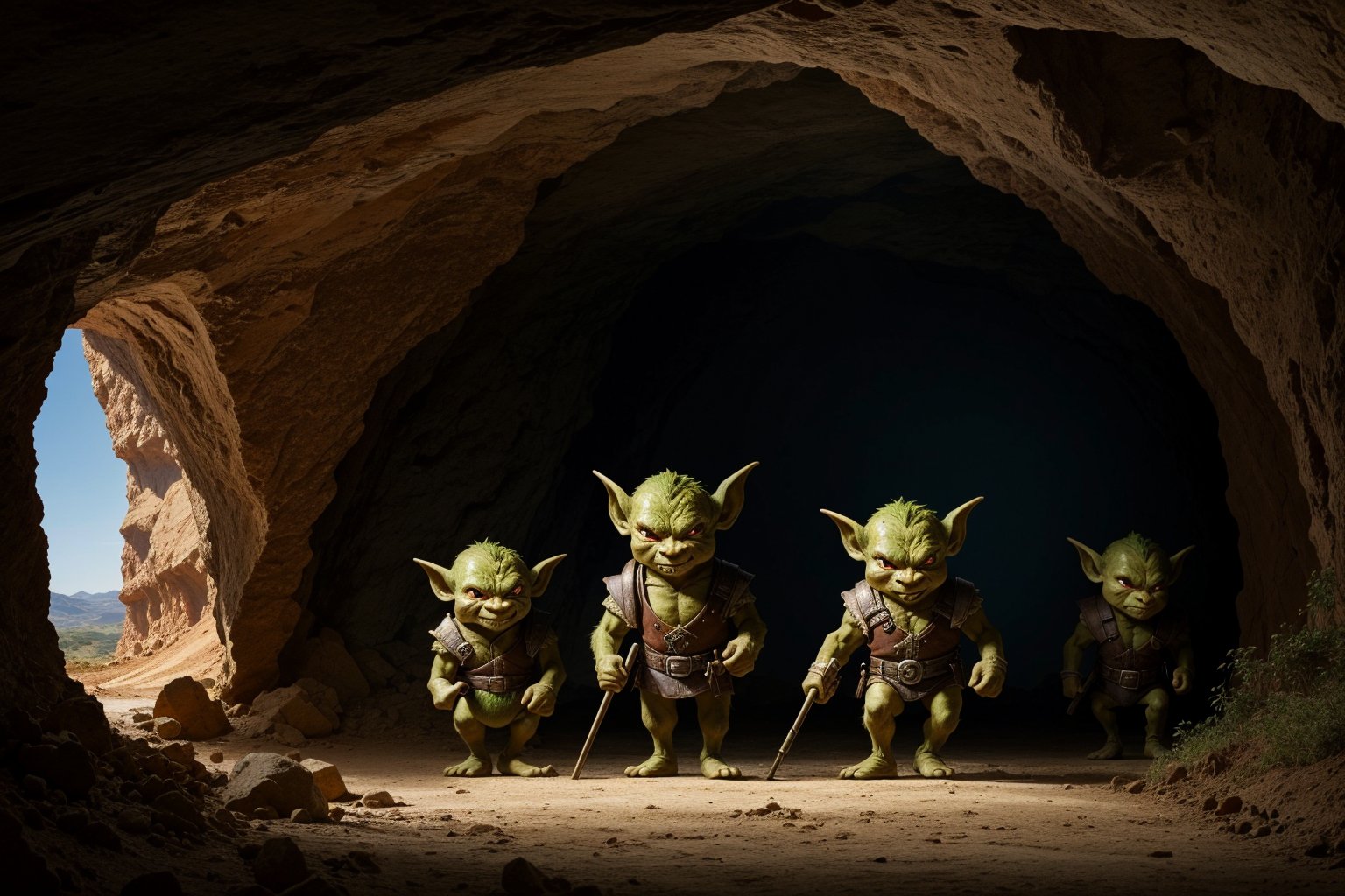 (masterpiece), best quality, high resolution, extremely detailed,
a group of 4 short muscular red-skinned goblins, cave landscape.