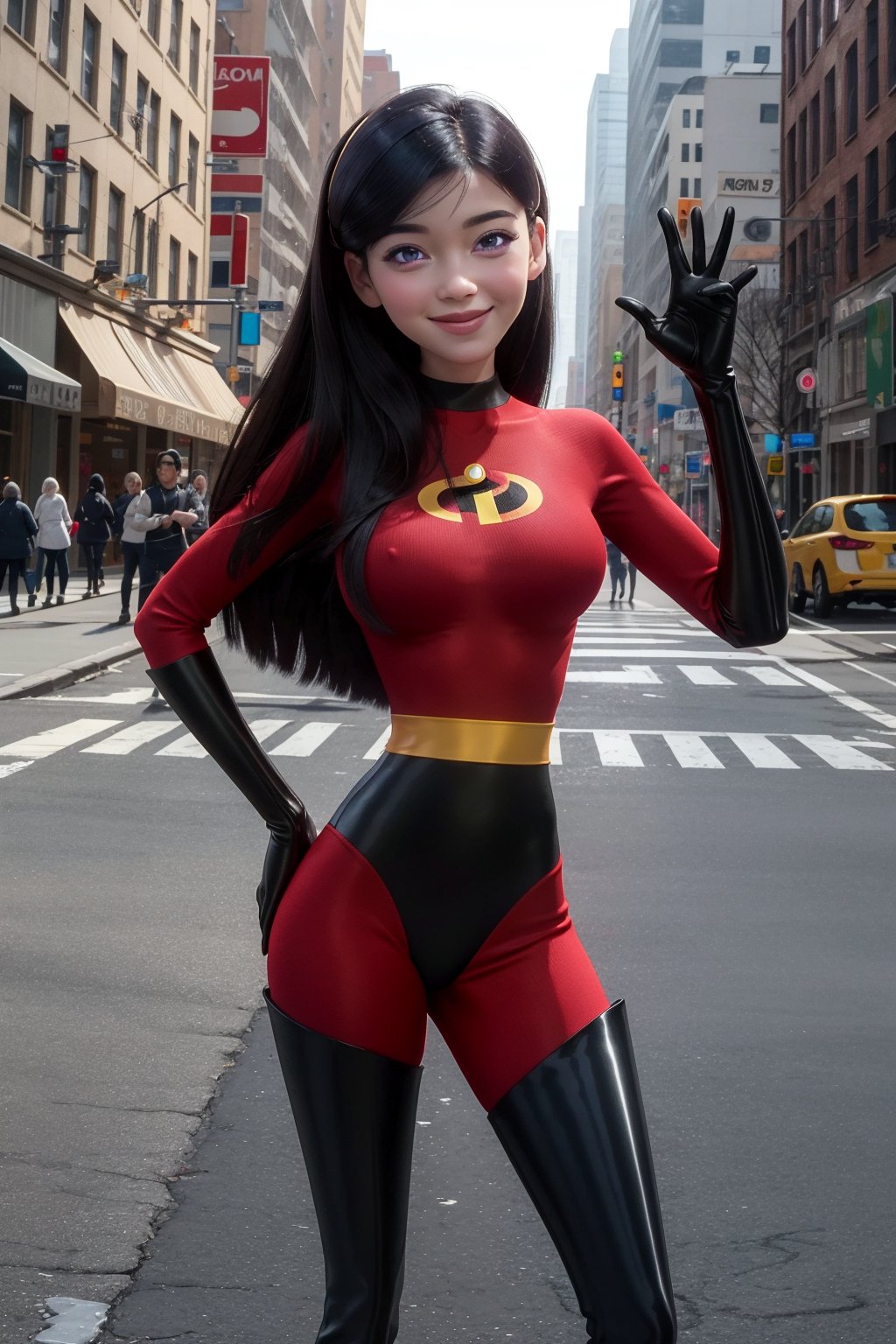 masterpiece, excellent quality, perfect anatomy, 1girl, violetparr, long hair, black hair, purple eyes, very big breast, bodysuit, gloves, boot, thighhighs, thigh boots, latex, skimpy clothes, smile, solo, outdoors, New York street background.