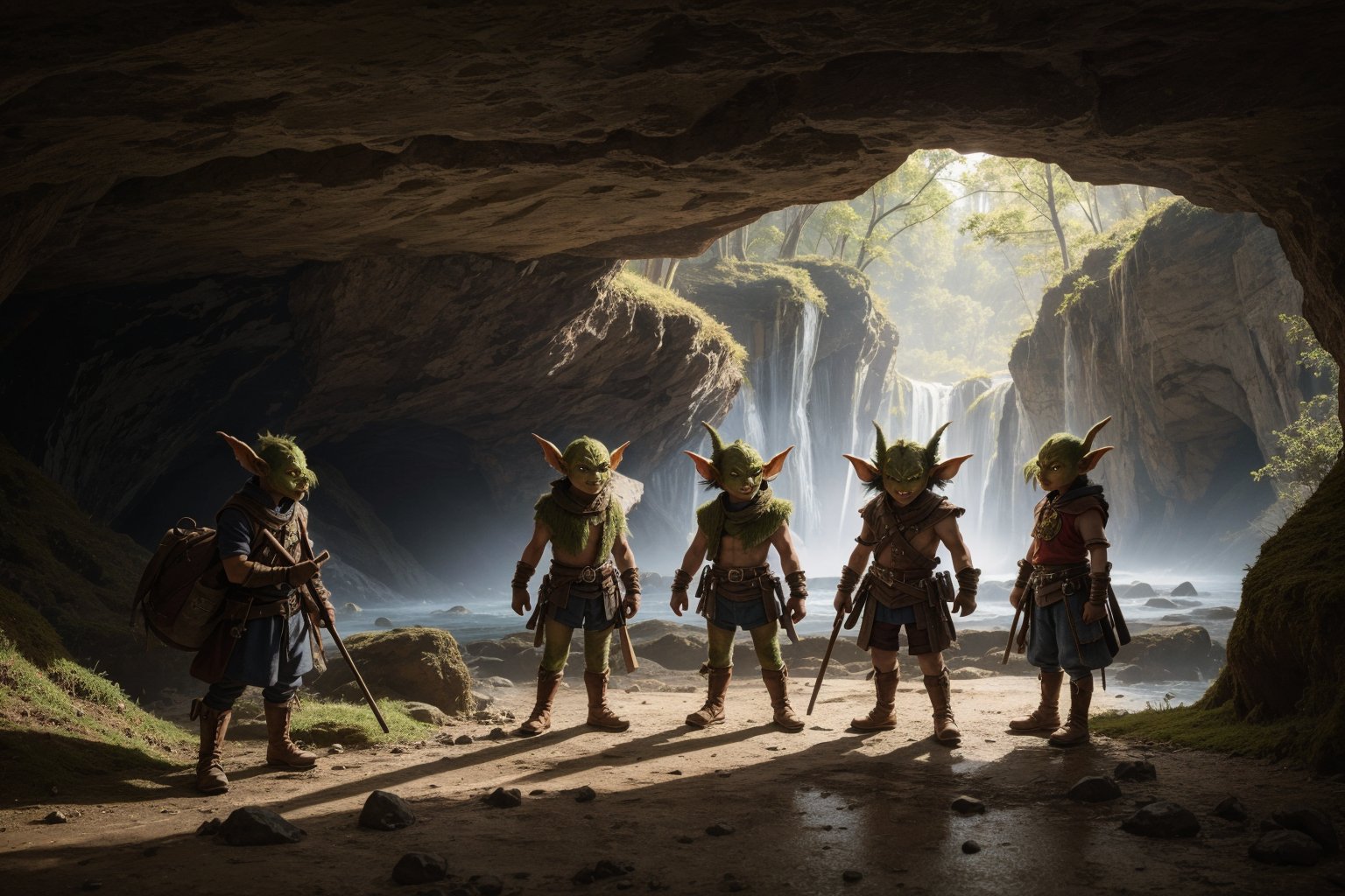 (masterpiece), best quality, high resolution, extremely detailed, a group of 4 short muscular red-skinned goblins, cave landscape.