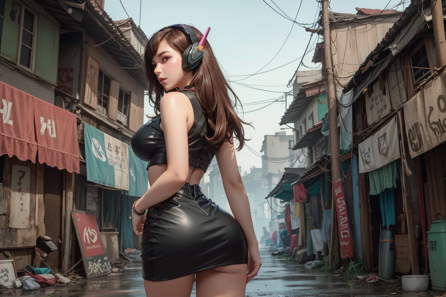 masterpiece, excellent quality, high resolution, aahana, long hair, brown hair, headphones, mustache marks, huge breasts, sensual body, slim waist, sensual legs, sensual ass, submissive look, black sleeveless leather top, very short miniskirt black sheath dress, erotic pose, full image, from behind, silhouette, in a cyberpunk slum street.