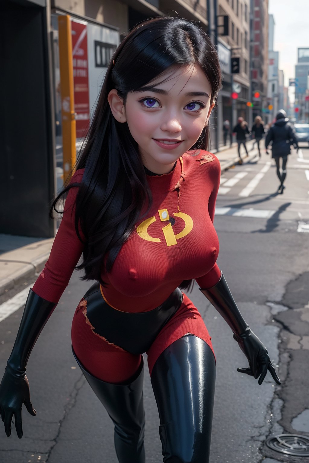 masterpiece, best quality, 1girl, violetparr, long hair, black hair, purple eyes, very big breast, bodysuit, gloves, boot, thighhighs, thigh boots, latex, torn clothes, smile, solo, outdoors, New York street background.