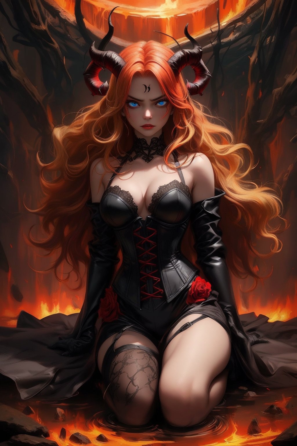 A captivating image of a strikingly beautiful woman who is young and slim, portrayed as a demon woman from the underworld. Her penetrating blue eyes and full lips transmit fear to anyone who looks directly at her. On her head she has a pair of medium-sized red horns, while her long blonde hair with red highlights is carefully loose and adorned with strong highlights. She is dressed in a black corset with red details, equipped with various torture weapons and red gloves. The three-quarter-length full-body depiction shows her with some lost souls around her who dare not touch her, exuding respect and confidence. This high-quality image, whether a painting or photograph, captures his alluring and formidable presence, immersing viewers in his captivating portrait. He has a hard, serious expression, ready to attack without provocation. Dazzling eyes