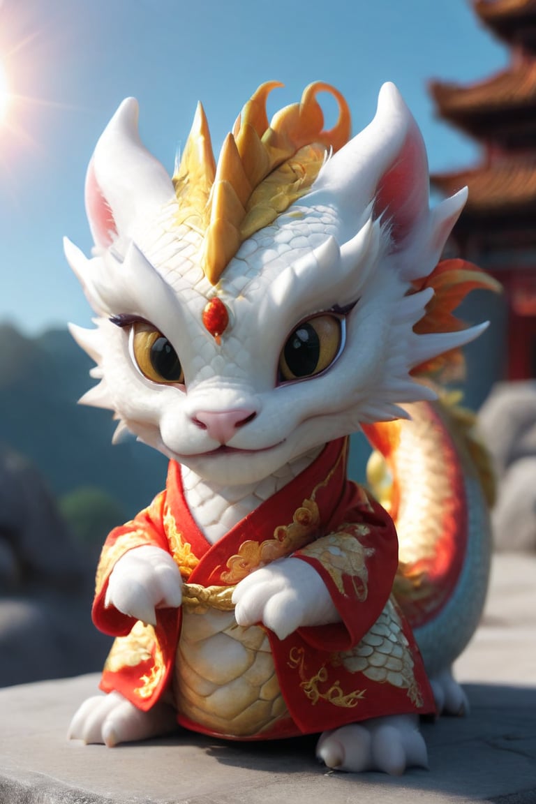A lovely two-headed white cat, wearing a gorgeous Chinese dragon robe with golden red embroidery, decorated with exquisite dragon patterns. It stood in the center of the picture, facing the camera, with a bright smile on its face, with slight tiger teeth, and its right claw raised high, as if it was waving warmly to you. The background is a bright morning sky, and the sun shines on it, making it look particularly warm and pleasant.,realistic,dragon