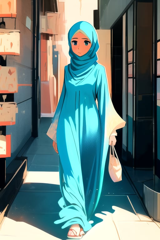 Muslim woman, beautiful, beautiful long dress down to the ankles, wearing a hijab, walking, facing the camera, UHD, anime