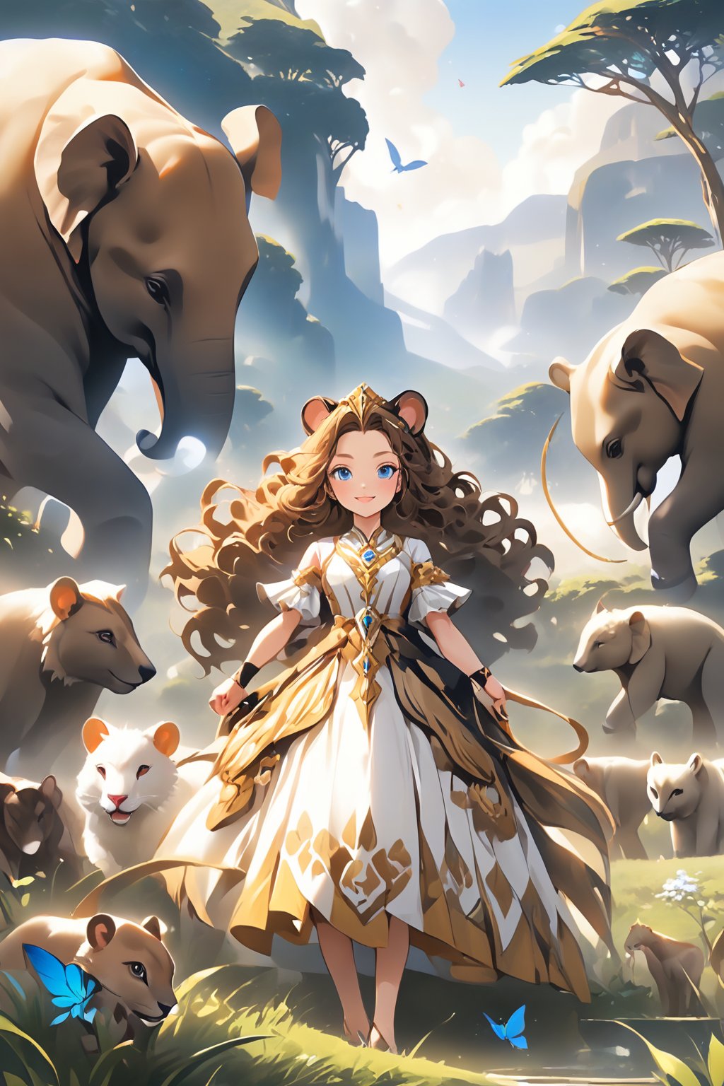 1 person (girl), aged 11-15 years, surrounded by many wild and tame animals (lions, cats, elephants, birds, hedgehogs, wolves and butterflies), beautiful and elegant, perfect body, smiling, wearing a beautiful dress, wavy brown hair, blue eyes, small crescent moon symbol on the forehead, scenery in a vast grassland and covered by forests and mountains, UHD, 8k.