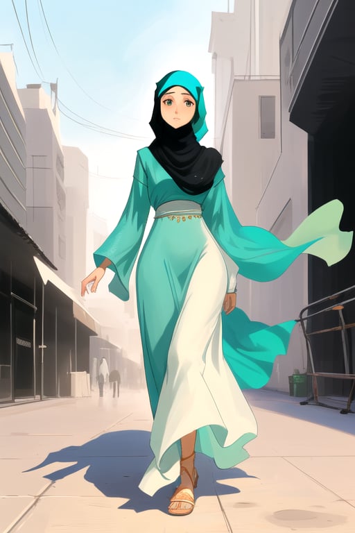 Muslim woman, beautiful, beautiful long dress down to the ankles, wearing a hijab, walking, facing the camera, UHD, anime