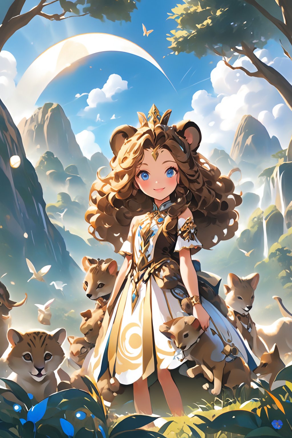 1 person (girl), aged 11-15 years, surrounded by many wild and tame animals (lions, cats, elephants, birds, hedgehogs, wolves and butterflies), beautiful and elegant, perfect body, smiling, wearing a beautiful dress, wavy brown hair, blue eyes, small crescent moon symbol on the forehead, scenery in a vast grassland and covered by forests and mountains, UHD, 8k.