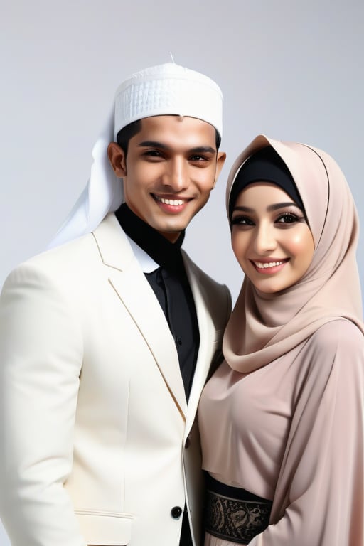 sweet couple, couple Muslim, couple syar'i, husband's partner, woman wearing syar'i clothing and long hijab, cool man, looking at the camera, smiling in front of the camera, beautiful and handsome, UHD,  white background, men wear tuxedo women wear dresses, Werewolf-cut haired man, simetris face, man with a flat expression, cuddle 