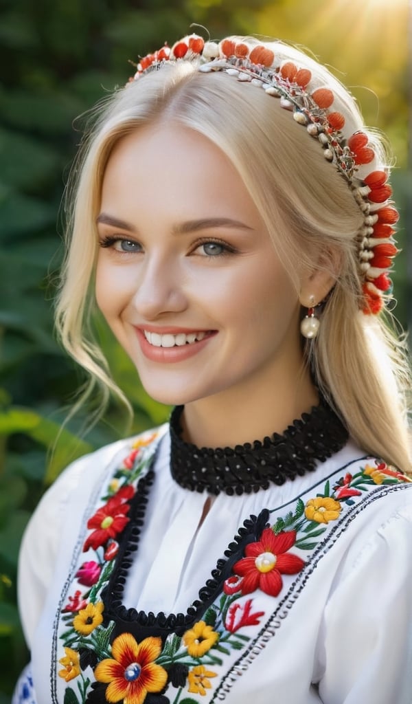 1girl, Beautiful young woman, blonde, smiling, (in beautiful Ukrainian national costume embroidery ornament white, black), sunny day, botanical garden, realistic