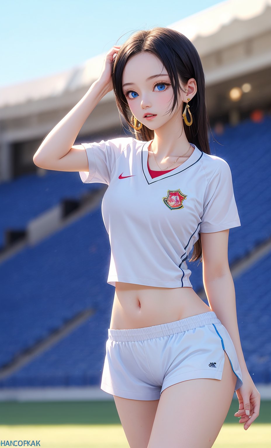 1girl, solo, long hair, breasts, 24 years old, looking at viewer, blue eyes, large breasts, shirt, black hair, holding, jewelry, standing, collarbone, white shirt, short sleeves, thighs, cowboy shot, sweat, earrings, outdoors, parted lips, sky, shorts, day, necklace, blurry, blue sky, hand on hip, short shorts, blurry background, watermark, forehead, ball, white shorts, sportswear, soccer uniform, stadium, soccer, boa hancock,realhands,hancock1