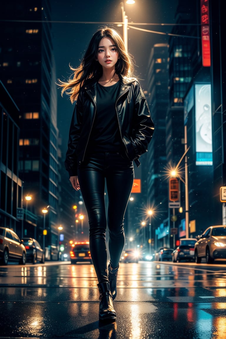 vibrant colors, female, masterpiece, sharp focus, best quality, depth of field, cinematic lighting, ((solo, one woman )), (illustration, 8k CG, extremely detailed), masterpiece, ultra-detailed, In the painting titled “Urban Night,” a young woman finds herself in a mesmerizing night scene as she walks along an urban highway. The street is illuminated by street lamps that emit a yellowish light, creating a suggestive and mysterious atmosphere.
The girl advances with a confident step along the sidewalk, immersed in the quiet solitude of the night. Her long dark hair flutters slightly in the wind as she moves, and her face is barely illuminated by the light of the street lamps, revealing an expression of reflection and inner calm.
She wears casual but elegant clothing, consisting of a black jacket that protects her from the cool of the night and dark jeans. The lights of the cars speeding past her create a trail of light on the wet pavement, adding dynamism to the scene.
The cityscape extends beyond the highway, with skyscrapers and buildings silhouetted against the night sky. In the distance, you can glimpse the city lights glowing in the darkness, adding depth and atmosphere to the composition.
This painting captures the essence of nocturnal urban solitude and invites the viewer to immerse themselves in the quiet, contemplative atmosphere of the scene.