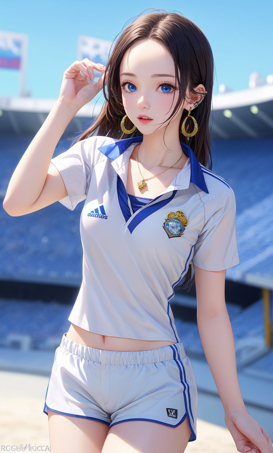 1girl, solo, long hair, breasts, 24 years old, looking at viewer, blue eyes, large breasts, shirt, black hair, holding, jewelry, standing, collarbone, white shirt, short sleeves, thighs, cowboy shot, sweat, earrings, outdoors, parted lips, sky, shorts, day, necklace, blurry, blue sky, hand on hip, short shorts, blurry background, watermark, forehead, ball, white shorts, sportswear, soccer uniform, stadium, soccer, boa hancock,realhands,hancock1