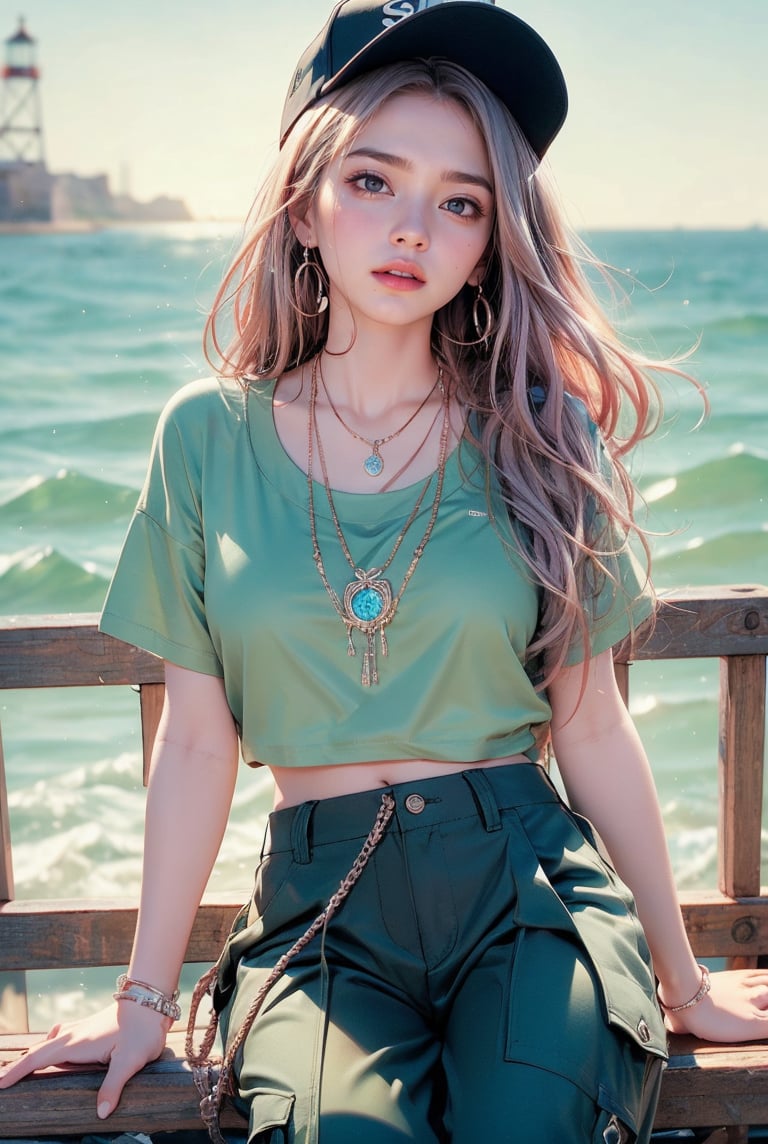 French girl,grey blonde hair(very long hair, curly_hair),long ponytail,hiphop dancer,wearing all black clothes (loose fit top and wide cargo pants),sneakers,accessories(necklace,ear_rings)baseball cap, sitting at sea bank,horizon,seaside,vivid sea color,red lighthouse,sunset,Best Quality, 32k, photorealistic, ultra-detailed, finely detailed, high resolution, perfect dynamic composition, beautiful detailed eyes, sharp-focus, cowboy_shot, nsfw,