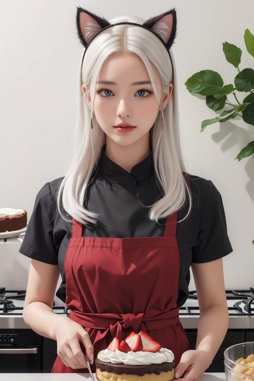 one girl, a girl with cat ears, neko girl, the girl bakes a brownie, a strawberry shortcake, masterpiece, high detail, quality textures, hd, 4k, incredible quality, SAM YANG, white hair, blue eyes, cute face, symmetrical face, neat face, neat hands, correct anatomy, beautiful fingers, (girl cook:1.2), white ears, big cat ears, (small lips:1.2), in a waist-high shot