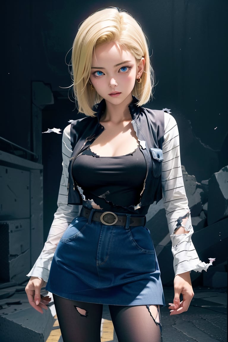 best quality, highres, 1girl, android 18, solo, blonde hair, blue eyes, short hair, earrings, jewelry, denim vest, open vest, black pantyhose, black shirt, denim skirt, striped long sleeves, blue skirt, cowboy shot, ,and18, large_breast, (face focus, (dynamic pose, dynamic angle:1.3), (masterpiece, best quality, ultra-detailed, very aesthetic:1.5), illustration, disheveled hair, perfect composition, moist skin, intricate details, seducing_gaze, looking_at_viewer, detalied_background, seductive_pose, perfect body, legs_apart, torn_clothing
