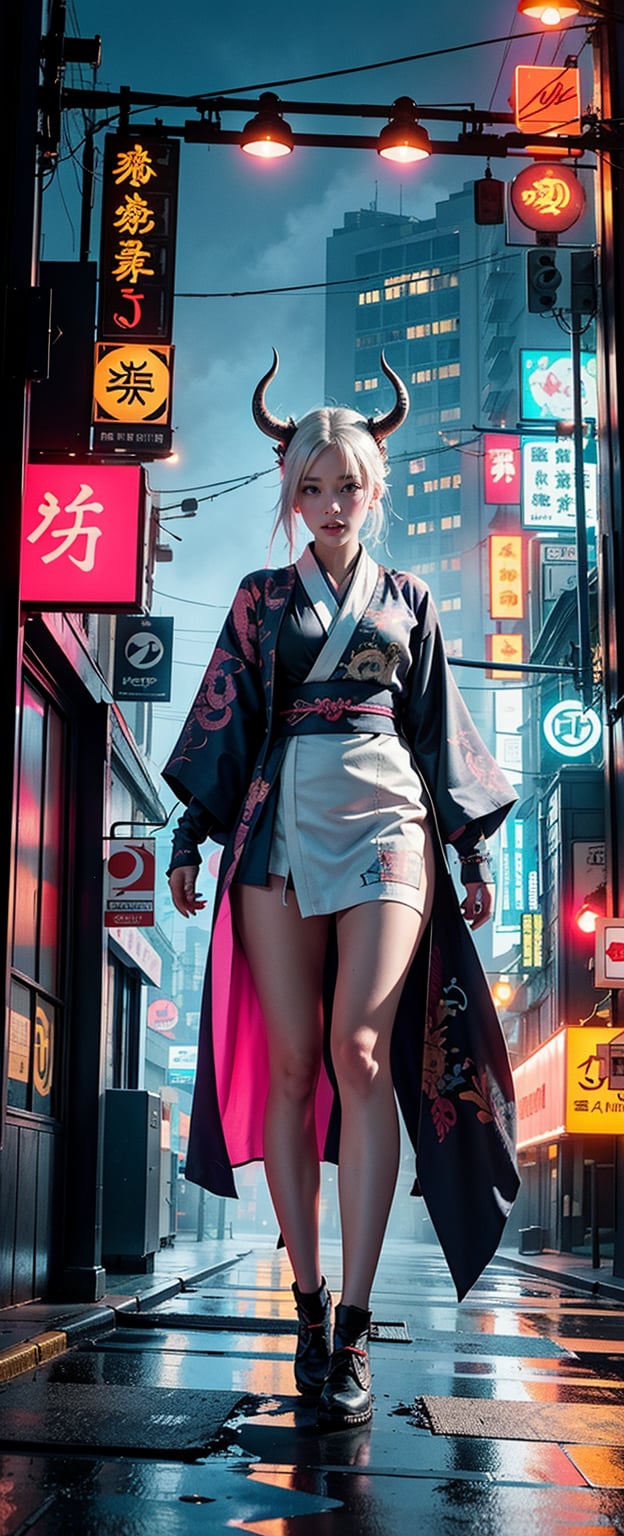In a cyberpunk cityscape with vibrant neon lights and misty rain, the masterful albino demon queen stands tall, her long complex horns reaching 1.2 meters in length. She wears a hakama and gaiter, adorned with intricate kanji tattoos on her arms. Her kimono flows wide open, revealing a beautiful tattoo of a dragon on her back. The photo-booster effect of the city's lights enhances her glowing tat, as she confidently strides through the neon-lit streets.