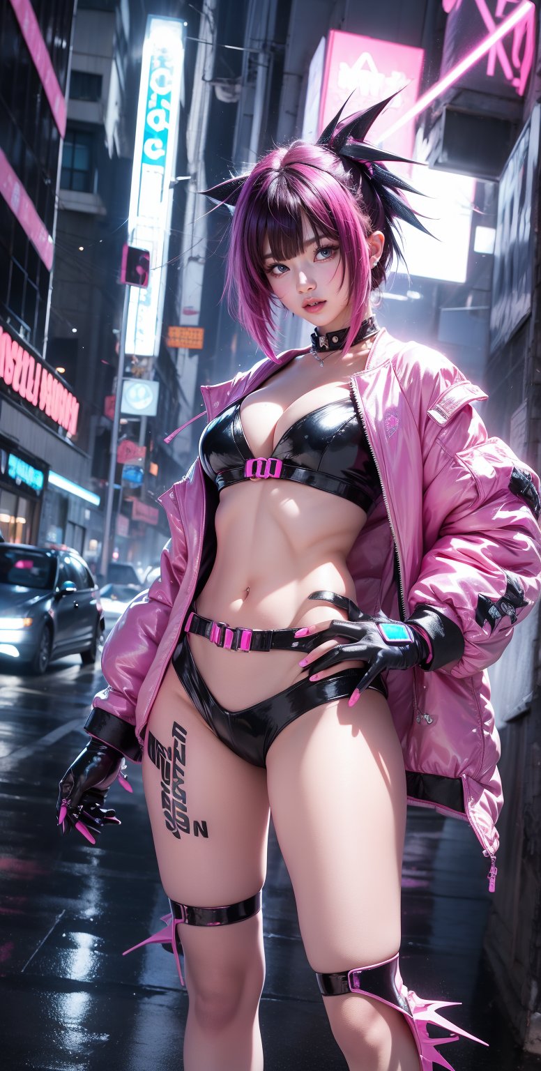 A fierce anime girl with short, spiky purple hair and neon pink highlights, wearing a sleek crop top, futuristic outfit with glowing blue accents. She has cybernetic implants and wields dual energy blades. The cityscape behind her is a bustling, neon-lit metropolis with towering skyscrapers and flying vehicles. Rain falls softly, creating reflective puddles on the ground. Highly detailed, vibrant colors, futuristic elements, dynamic pose, cyberpunk aesthetic.
