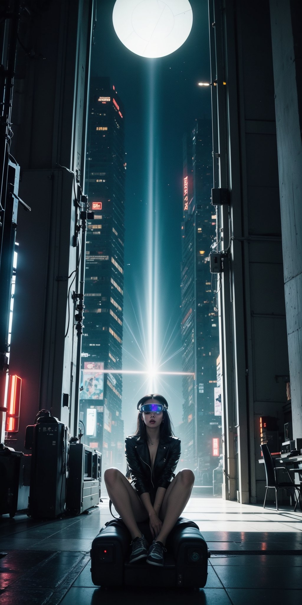 (masterpiece), 1girl, holographic interface, cyberpunk, hacker, medium black hair, green eyes, magic circle, hologram, terminal, holographic computer, cyber_vr, light particles, light rays, futuristic setting, Sitting on the edge of a building, 


Her expression a mix of defiance and exhilaration. ,HologramCzar,