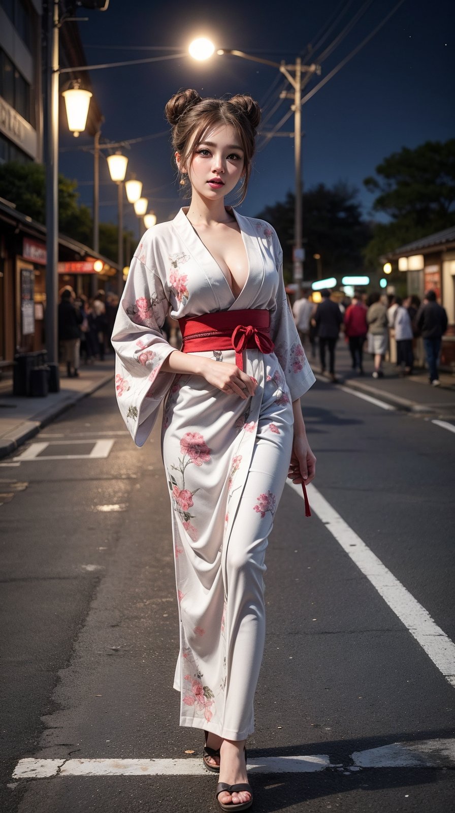 Solo girl wewring a Japanese traditional white kimono with Damascus print , long silver hairz blue eyes, standing in middle of road, light poles around her, luminous light poles, tridiagonal japanese festival, night time starry sky, full moon, hair buns, large breast, full body, looking at viewer, cleavage, in center, pink lips, black_earrings, red ribbon around her neck ,yofukashi background