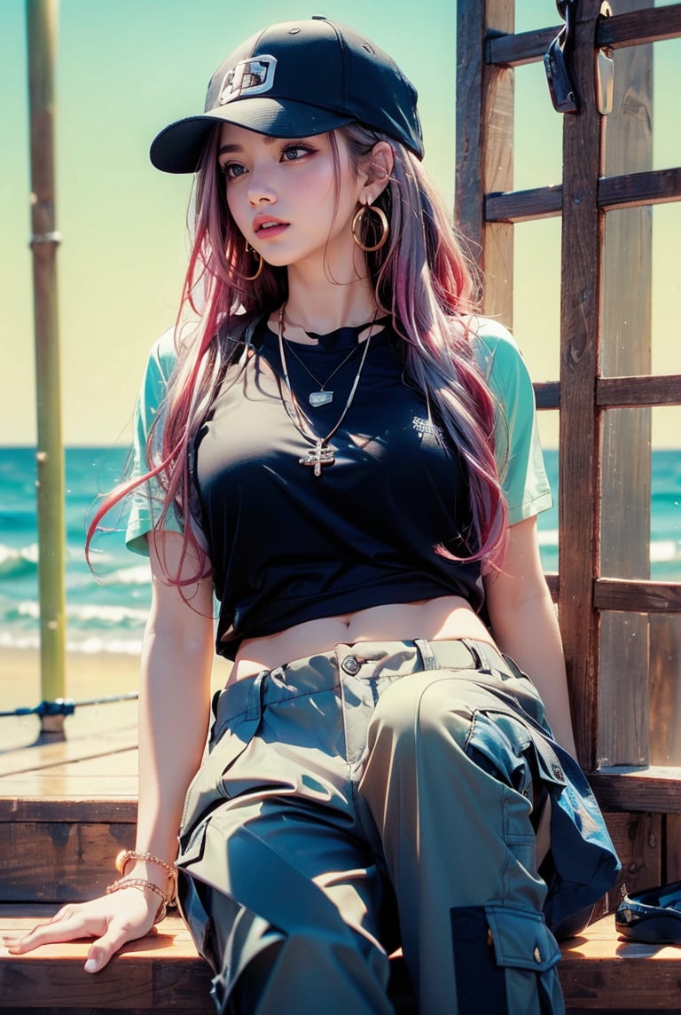 French girl,grey blonde hair(very long hair, curly_hair),long ponytail,hiphop dancer,wearing all black clothes (loose fit top and wide cargo pants),sneakers,accessories(necklace,ear_rings)baseball cap, sitting at sea bank,horizon,seaside,vivid sea color,red lighthouse,sunset,Best Quality, 32k, photorealistic, ultra-detailed, finely detailed, high resolution, perfect dynamic composition, beautiful detailed eyes, sharp-focus, cowboy_shot, nsfw,