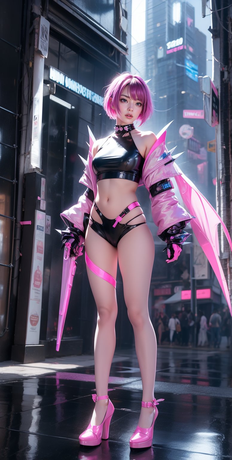 A fierce anime girl with short, spiky purple hair and neon pink highlights, wearing a sleek crop top, futuristic outfit with glowing blue accents. She has cybernetic implants and wields dual energy blades. The cityscape behind her is a bustling, neon-lit metropolis with towering skyscrapers and flying vehicles. Rain falls softly, creating reflective puddles on the ground. Highly detailed, vibrant colors, futuristic elements, dynamic pose, cyberpunk aesthetic.
