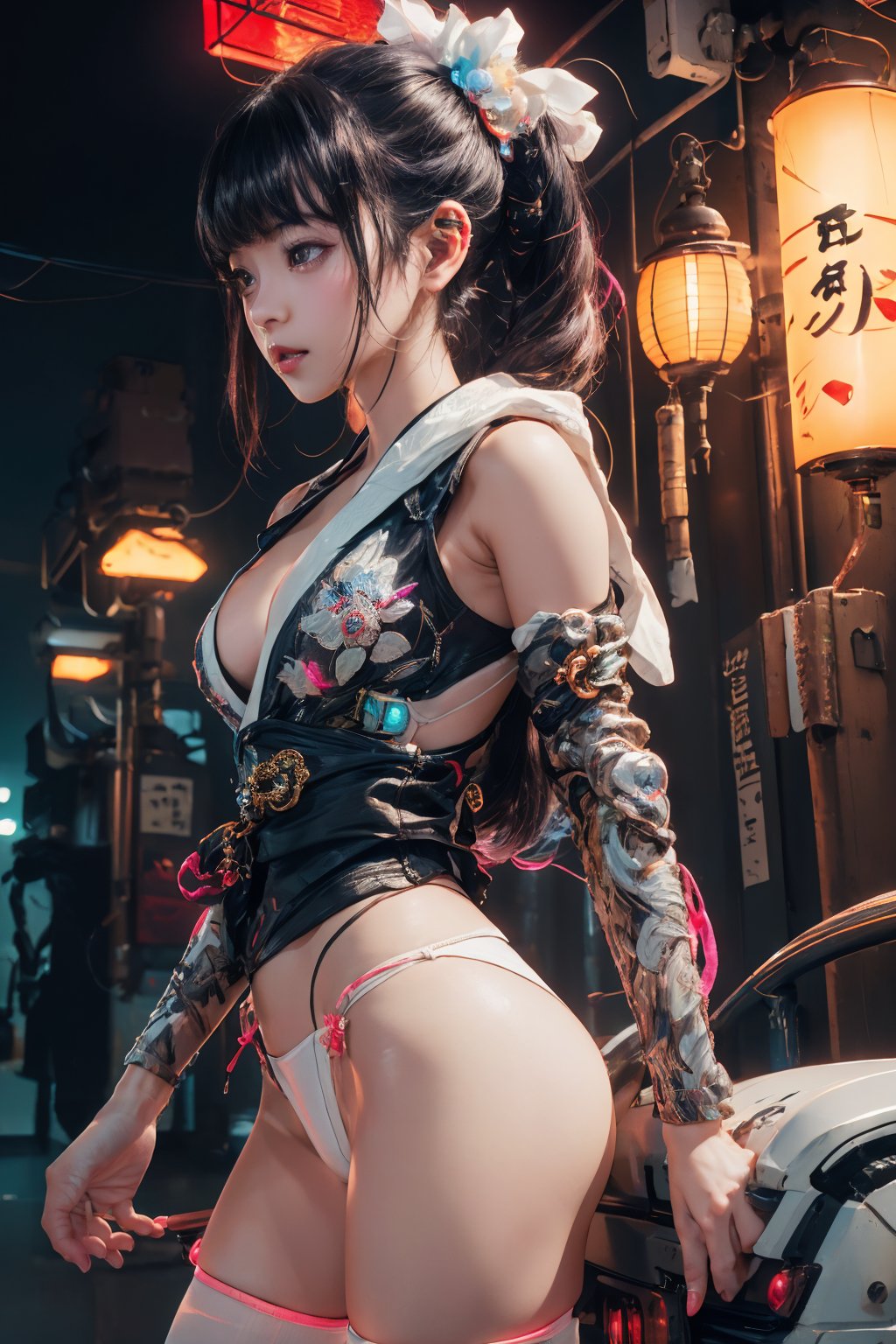 Sexy Pose , (masterpiece),(solo, look at viewers ), 1 Japanese beauty, white long hair, attractive , in the dark night, (sexy colorful kimono+body implants) ,(highly detailed background of ancient Japanese achitechture with neon lights) ,Cyberpunk,a traditional Japanese art 