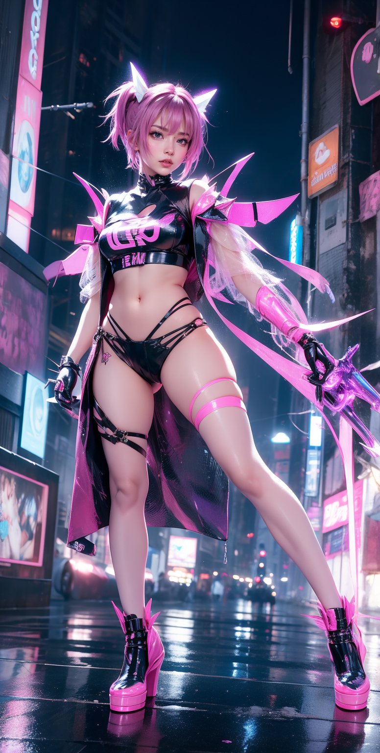 A fierce anime girl with short, spiky purple hair and neon pink highlights, wearing a sleek crop top, futuristic outfit with glowing blue accents. She has cybernetic implants and wields dual energy blades. The cityscape behind her is a bustling, neon-lit metropolis with towering skyscrapers and flying vehicles. Rain falls softly, creating reflective puddles on the ground. Highly detailed, vibrant colors, futuristic elements, dynamic pose, cyberpunk aesthetic.
