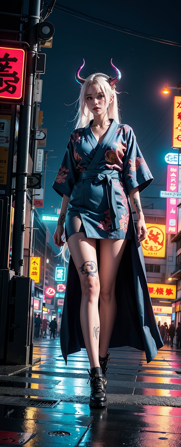 In a cyberpunk cityscape with vibrant neon lights and misty rain, the masterful albino demon queen stands tall, her long complex horns reaching 1.2 meters in length. She wears a hakama and gaiter, adorned with intricate kanji tattoos on her arms. Her kimono flows wide open, revealing a beautiful tattoo of a dragon on her back. The photo-booster effect of the city's lights enhances her glowing tat, as she confidently strides through the neon-lit streets.