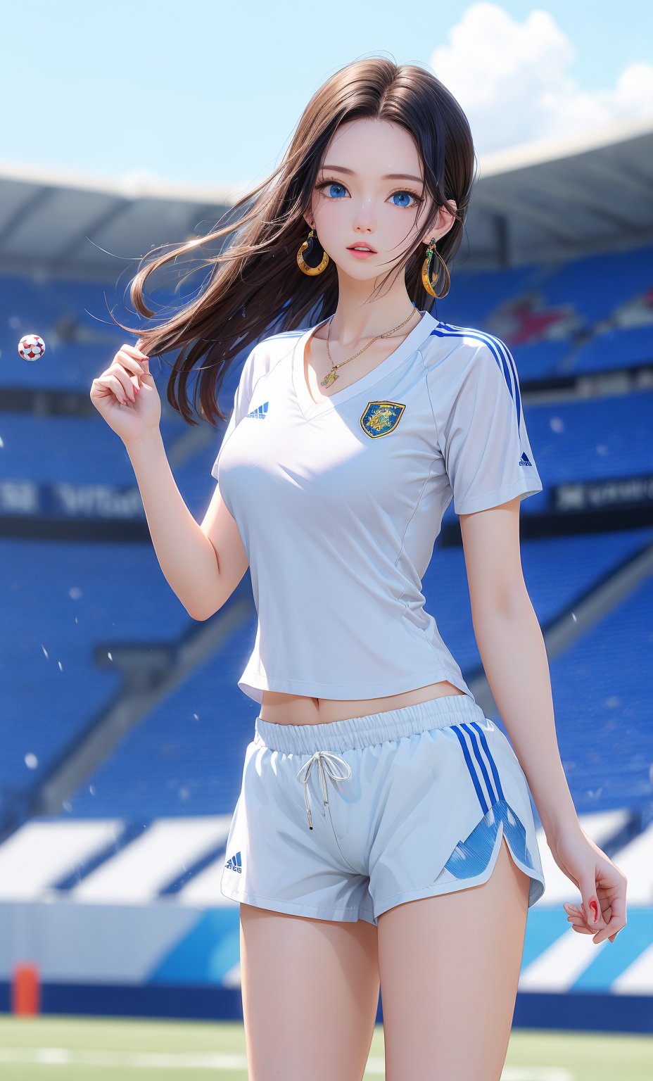 1girl, solo, long hair, breasts, 24 years old, looking at viewer, blue eyes, large breasts, shirt, black hair, holding, jewelry, standing, collarbone, white shirt, short sleeves, thighs, cowboy shot, sweat, earrings, outdoors, parted lips, sky, shorts, day, necklace, blurry, blue sky, hand on hip, short shorts, blurry background, watermark, forehead, ball, white shorts, sportswear, soccer uniform, stadium, soccer, boa hancock,realhands,hancock1