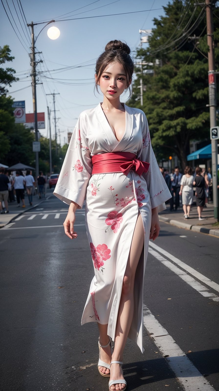 Solo girl wewring a Japanese traditional white kimono with Damascus print , long silver hairz blue eyes, standing in middle of road, light poles around her, luminous light poles, tridiagonal japanese festival, night time starry sky, full moon, hair buns, large breast, full body, looking at viewer, cleavage, in center, pink lips, black_earrings, red ribbon around her neck ,yofukashi background