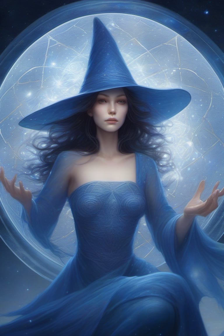 (((blue witch))), grasping a swirling, kaleidoscopic constellation that represents the ((galaxy)), delicately perched in a ((translucent glass container)). Her expression suggests wonder and strength,DonMB4nsh33XL 