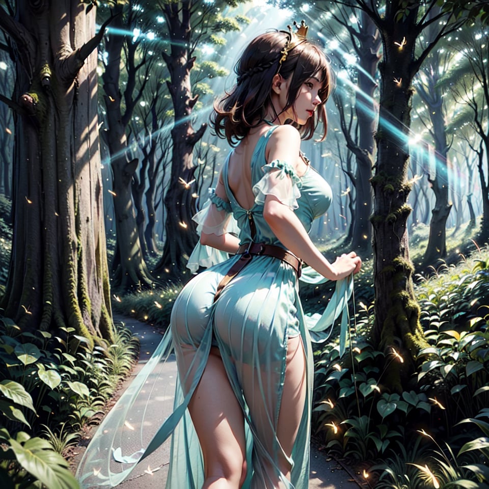 I will find my way home. Tall slender girl with a narrow waist Boris Vallejo style, she walks in a translucent dress with a belt on her waist. shot from behind. He goes along a forest path, there are tall trees all around. The rays of the sun shine through their crowns.,firefliesfireflies