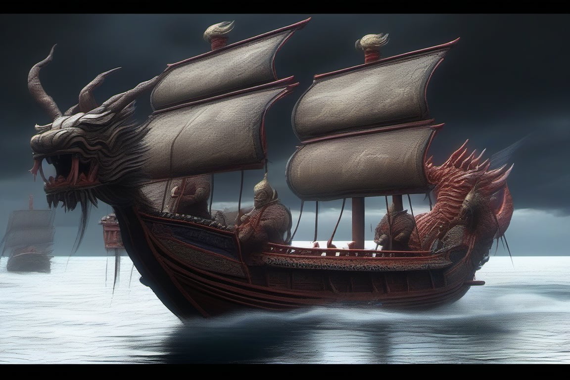stormy night. an ancient chinese ship filled with evil creature warriors roaring at us. high portfolio output. perfect anatomy.