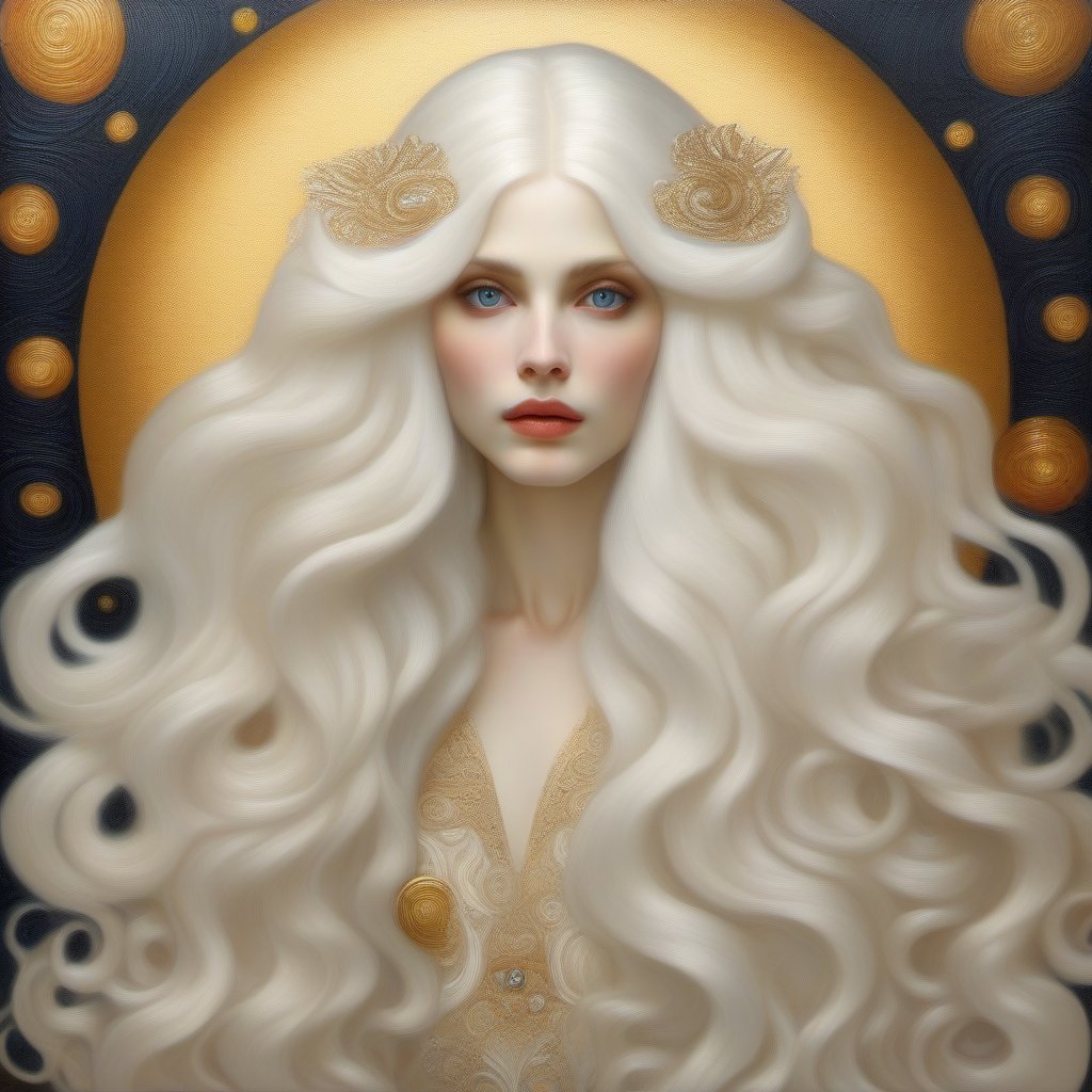 (((Gustav Klimt oil painting))) A (((stunningly drawn beautiful woman)) with (((incredibly long, thick, cascading pale white hair))), which flows down in luxurious waves and curls, covering her face and body, framed by a (((vibrant, perfect sphere of light))) (((perfect eyes))) (((piercing eyes)))