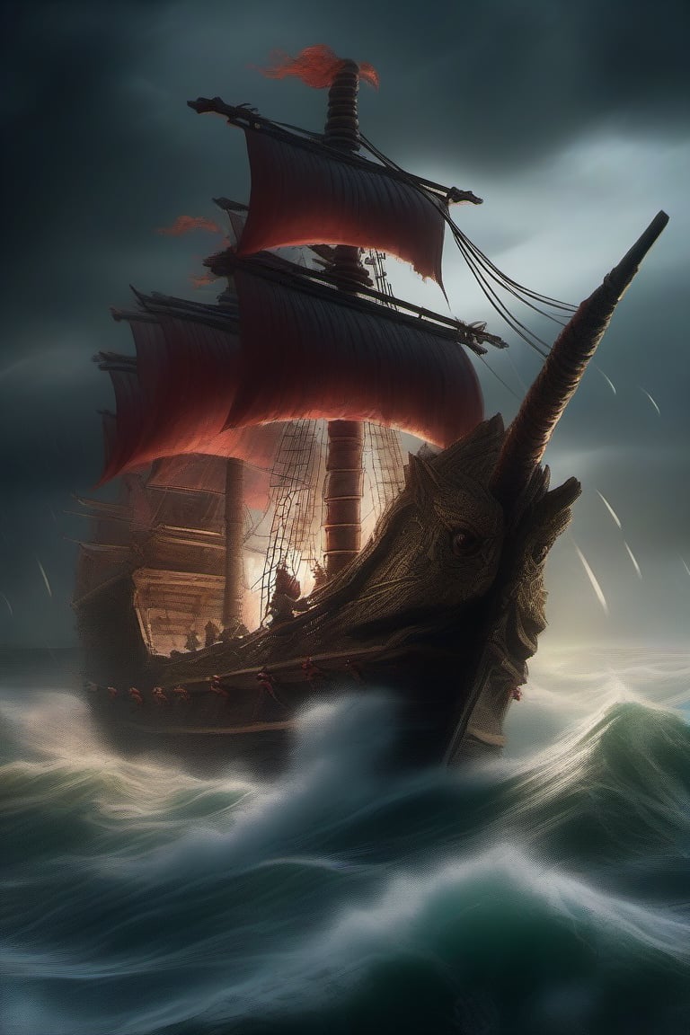 stormy night. an ancient chinese ship filled with evil creature warriors roaring at us. high portfolio output. perfect anatomy.