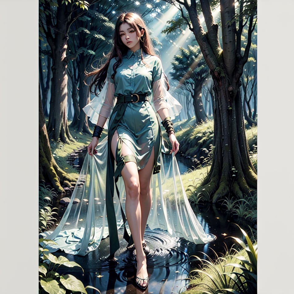 I will find my way home. Tall slender girl with a narrow waist Boris Vallejo style, she walks in a transparent dress with a belt at the waist. He goes along a forest path, there are tall trees all around. The sun's rays shine through their crowns.