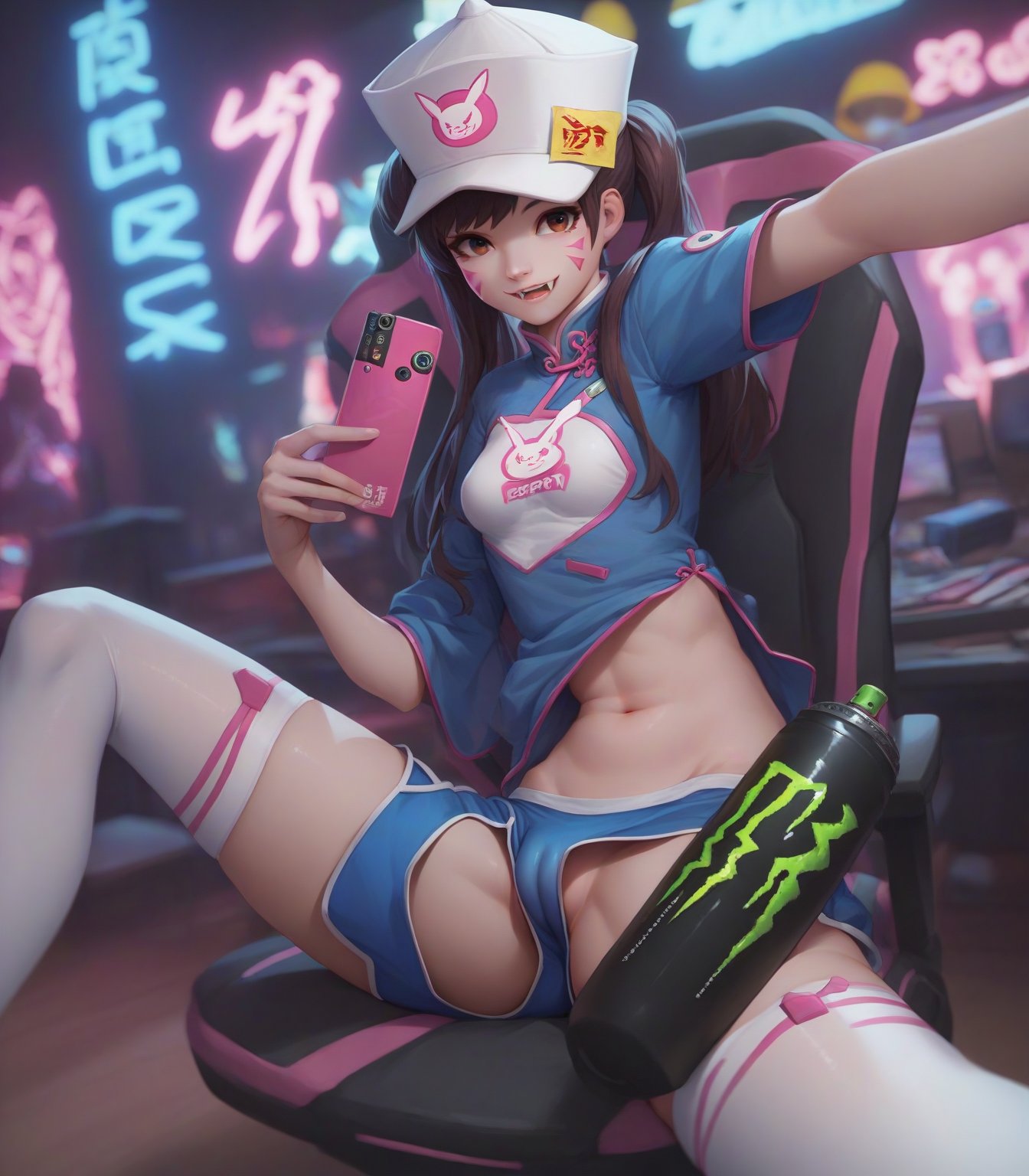 score_9, score_8_up, score_7_up, BREAK, , 1girl, solo, d.va \(overwatch\), gaming chair, dolphin shorts, white headwear, hat, indoors, neon lights, glowing, shirt, selfie, monster energy, sitting, depth of field,
cameltoe,,,ruanyi0148,
qing guanmao,talisman,
ofuda,
hat,chinese clothes,thighhighs,
Extra long fangs, smile,