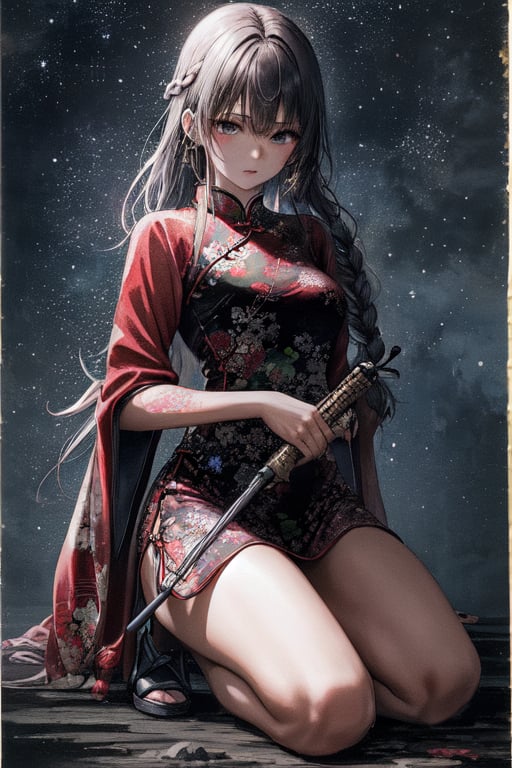  Japanese comics, light color, masterpiece, bottom up shot/angle, boutique, aesthetic, 
(1girl, solo, cheongsam, white long hair, single braid,) , (model picture), (full body, holding weapon, one knee, beautiful hands, Chinese martial arts master, fighting stance, beautiful boy, night, moon starry sky, Milky Way starry sky watercolor background \(center\), very detailed, Full-screen background, 
lens flare, glass art, glitter, glint,
,midjourney portrait