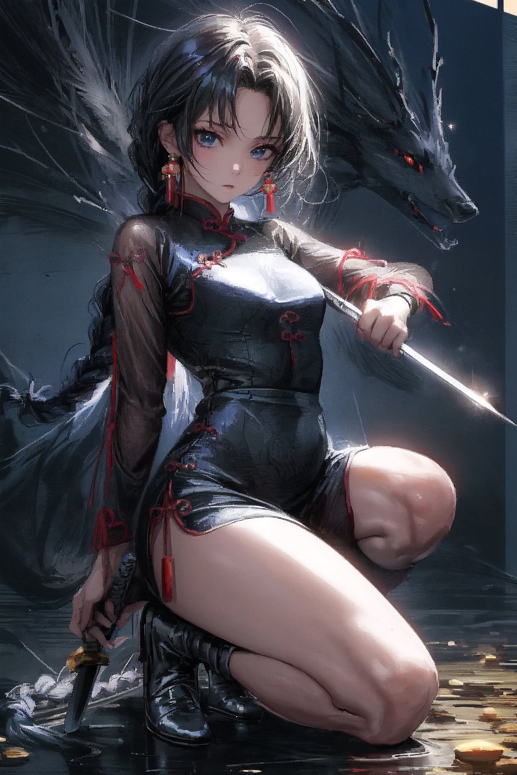  Japanese comics, light color, masterpiece, bottom up shot/angle, boutique, aesthetic, 
(1girl, solo, cheongsam, white long hair, single braid,) , (model picture), (full body, holding weapon, one knee, beautiful hands, Chinese martial arts master, fighting stance, beautiful boy, night, moon starry sky, Milky Way starry sky watercolor background \(center\), very detailed, Full-screen background, 
lens flare, glass art, glitter, glint,
,midjourney portrait